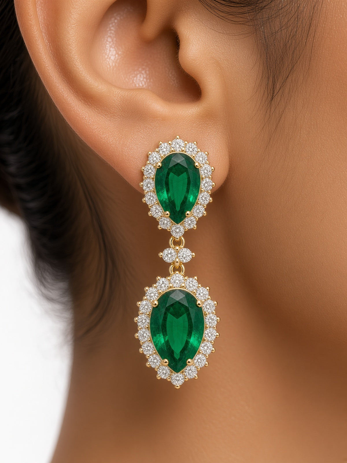 Emerald Pear Halo Earrings