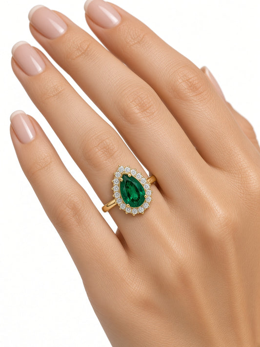 Emerald Pear Halo Ring