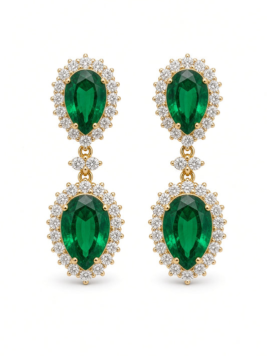 Emerald Pear Halo Earrings