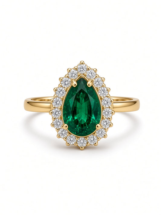 Emerald Pear Halo Ring
